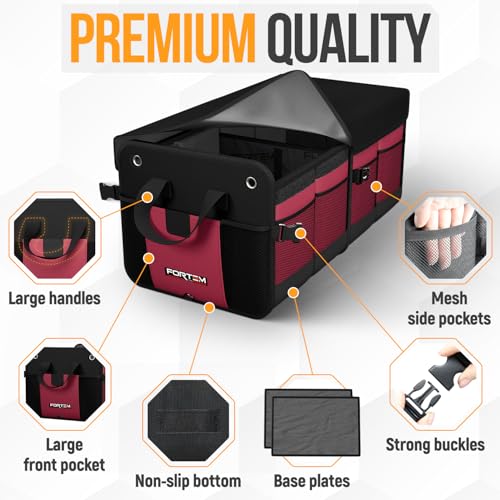 FORTEM Trunk Organizer For SUV Car Organizer and Storage, Collapsible Multi-Compartment Storage Bag Car Accessories for Women Men, 1680D Oxford, Non Slip Bottom, Adjustable Straps, Soft Cover (65L) - color: Red, size: Large (65L)