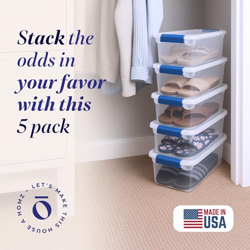 HOMZ 5-Pack Latching Lid, Clear Plastic Storage Organizer Bins, 7.5 Quart, Blue Latch - Stackable Organizing Containers for Home, Garage, and Office - color: Blue, size: 7.5 QT (5 Pack)