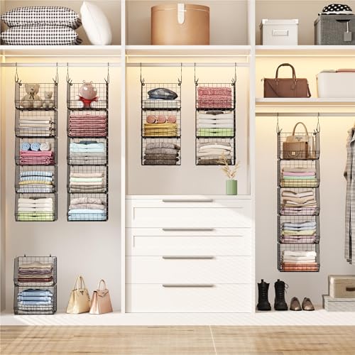 5 Tier Closet Hanging Organizer, Clothes Hanging Shelves with 4 Hanging Hooks 5 S Hooks, Wire Storage Basket Bins, for Clothing Sweaters Shoes Handbags Clutches Accessories Patent Design - color: Black