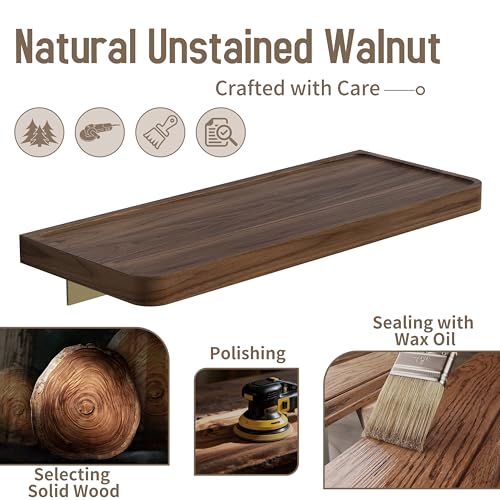 Danpoo 12 inch Floating Walnut wall Shelf, Small Wood Shelf for wall, Waterproof Wooden Shelf for Bathroom - color: Gold, size: 12 inch