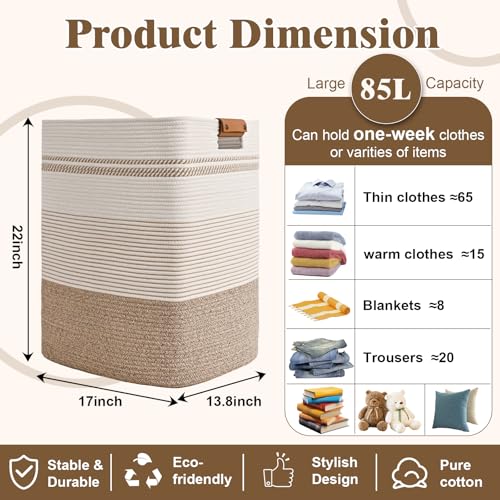 Laundry Hamper, 85L Tall Laundry Basket with Leather Handles, Rectangle Large Clothes Hamper for Organizing, Cotton Woven Laundry Baskets Storage Hampers for Bedroom, Nursery, Living Room - color: Light Brown & White, size: 85L