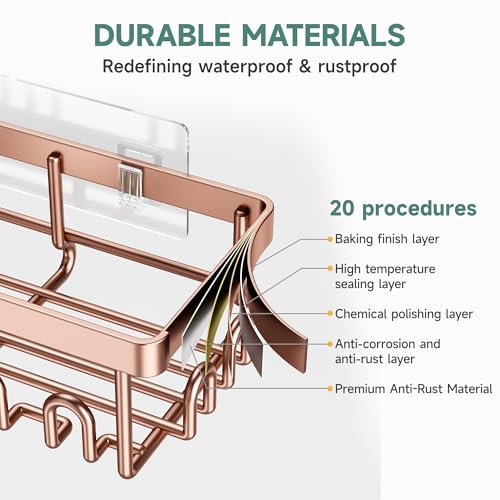 Veken Shower Caddy 6-Pack, No Drilling & Rustproof, Waterproof Adhesive Shelves Rack with Soap Holder, Large Capacity Bathroom Organizers and Storage, Wall-Mounted Kitchen & Home Decor, Rose Gold - color: K. Rose Gold