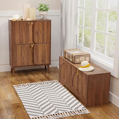 BERRYMERRY 39.4" Fluted Shoe Storage Bench for Entryway,2 Tier Shoe Cabinet Bench with Adjustable Shelf,Bench for Bedroom End of Bed (Walnut, 13.8”D x 39.4”W x 18.5”H) - color: Walnut