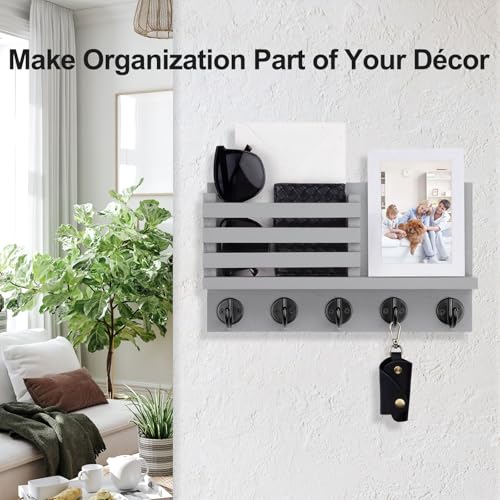 Lwenki Key Holder for Wall – Decorative Wooden Mail Holder and Key Shelf with Mounting Hardware, Installation Guide – Paulownia Wood with Metal Key Hooks (Gray, Large - 11.8inch) - color: Gray, size: Large - 11.8inch