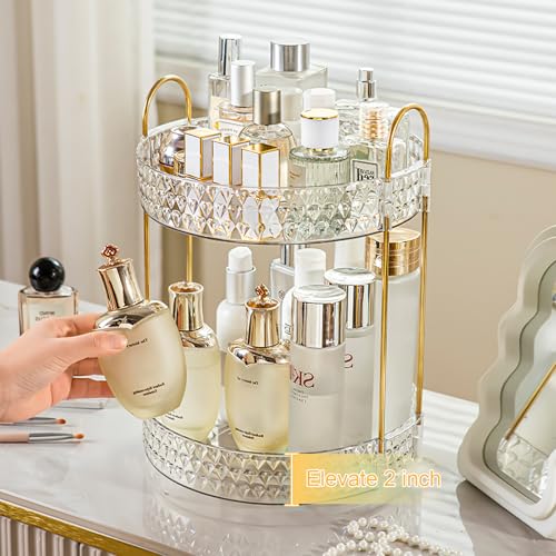 Rotating Makeup Organizer for Vanity, 2 Tier Perfume Skincare Storage for Women, Bathroom Counter Organizer, 360° Spinning Cosmetic Holder for Dresser Countertop, Clear - size: 2 Tier (Standard)