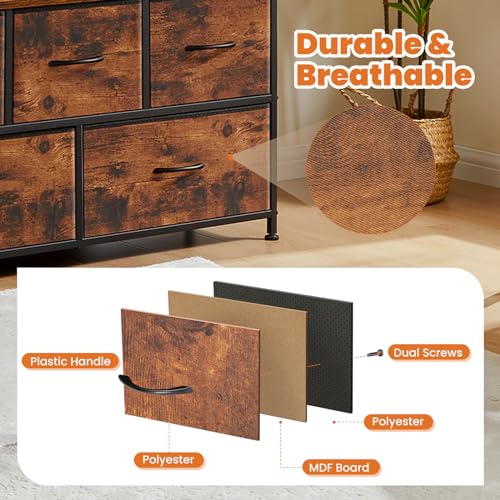 Sweetcrispy Dresser for Bedroom with 5 Storage Drawers, Fabric Storage Tower Organizer, Chest of Drawers with Metal Frame Wooden Top for Closet, Living Room, Entryway, Rust Brown - color: Brown, size: 39.4"D x 11.8"W x 20.9"H (5 Drawers)