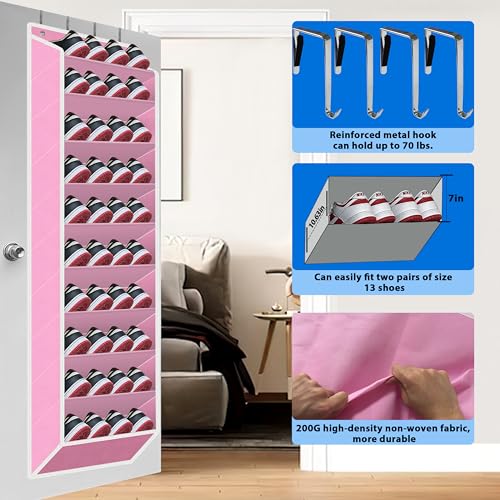 Over The Door Shoe Organizer, 70 Pounds Large Capacity, 20-30-Pair shoe organizer, Heavy Duty-Extra Deep Pockets ,Anti-Scratch Hooks & FSC-Certified Bamboo ,Engineered for Men’s Size 13 shoe,Pink - color: Pink
