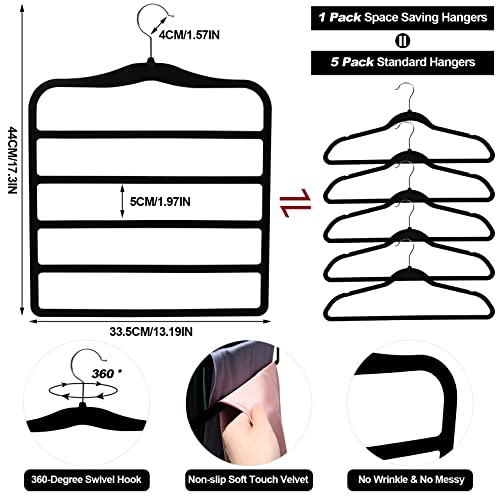 Closet Organizers and Storage,5 Pack Velvet Pants-Hangers-Space-Saving,Non Silp 5 Tier Scarf Jeans Organizer,Dorm Room Essentials for College Students Girls Boys Guys,Organization and Storage - color: Dark Black