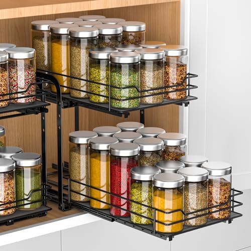 RCHYFEED Spice Rack, 2 Tier Pull out Cabinet Spice Organizer, Height Adjustable Slides out Ultra-smooth Racks for Spice Organization, Seasoning Organizer for Inside Cabinets(7.5" Wx10.5 Dx9.5 H) - size: 2 Tier-7.5''Wx10.5''Dx9.5''H