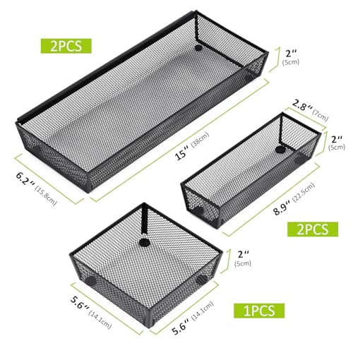 Neudeco Drawer Organizer - 5 Pack Metal Mesh Silverware Tray with Interlocking Design, 5 Compartment Cutlery Organizer for Kitchen Utensils, Black (15x6.2x2 inches) - color: Black-5L pack