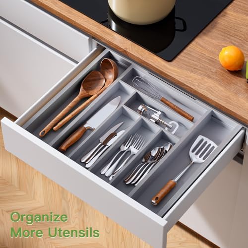Pipishell Bamboo Expandable Drawer Organizer for Utensils Holder, Adjustable Cutlery Tray, Wood Drawer Dividers Organizer for Silverware, Flatware, Knives in Kitchen, Bedroom, Living Room(Grey) - color: Grey, size: Large