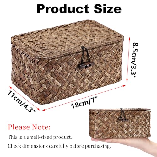 Hipiwe Handwoven Wicker Basket with Lid Desk Organizer for Remote Control Key Glass Coffee Color Seagrass Box for Decoration, 7.0"L x 4.3"W x 3.3"H - color: Coffee color, size: 7.0" x 4.3" x 3.3"
