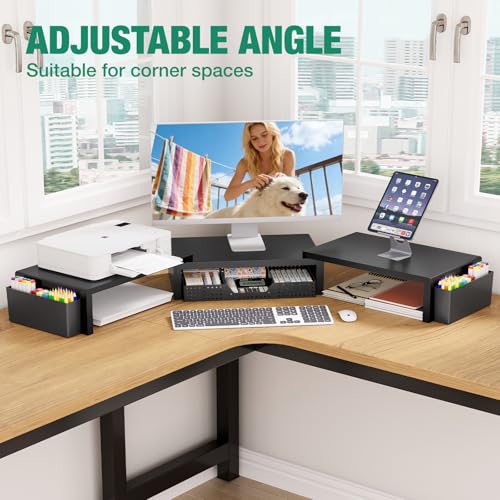 OPNICE Dual Monitor Stand Riser with Drawer and 2 Pen Holders, Desk Organizer for Office Supplies, Computer Monitor Stand for Desk, Workspace Desk Accessories for Home Office, Black - color: Black Upgraded
