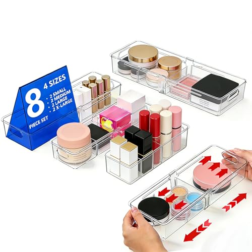 BLULEE Adjustable Clear Drawer Organizers, Expandable Bathroom Drawer Organizer Bins with Dividers, Versatile Makeup Organizer for Drawer, Plastic Desk Drawer Organizer (8 Pcs) - size: 8 PCS