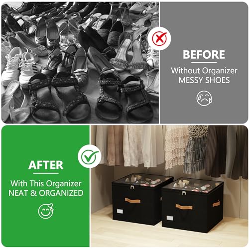 Vincona Shoe Organizer for Closet,2 Pack Shoe Storage Bins Foldable Shoe Storage Box Containers with Clear Cover and Sturdy Handles,Shoe Rack for Closet Storage for Sneakers Heels Slippers (Black) - color: Black, size: Large