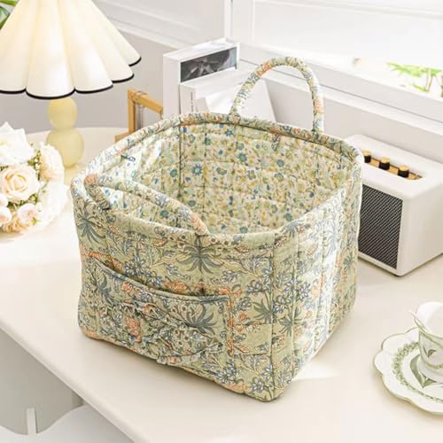 Quilted Fabric Basket Foldable Car Storage Boho Floral Laundry Basket Hamper for Nursery Bedroom & Living Room | Organize Clothes Toys - color: Green Garden