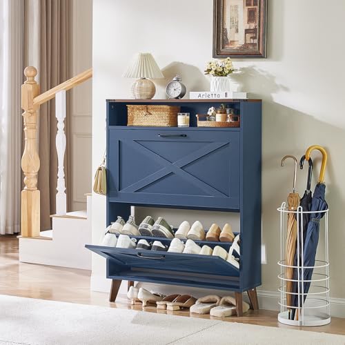 Joaxswe Shoe Cabinet Storage for Entryway with 2 Flip Drawers 2 Hook Open Storage Layer Rack Narrow Organizer Slim Hidden Wood Shoe Cabinet Furniture Dark Blue - color: Dark Blue