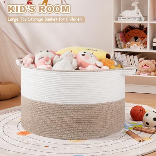 OIASKET XXL Large Blanket Basket with Handles, 105L Woven Storage Basket for Living Room, Cotton Rope Baby Toy Storage for Clothes, Pillows, Towels-Brown & White - color: Brown & White, size: 105L