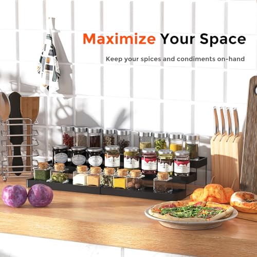 2 Pack Expandable Spice Rack Organizer for Cabinet - 3 Tier Adjustable Cabinet Spice Organizer Easy Visibility - Spice Organizer for Cabinet Countertop Cupboard Pantry Organization (Black) - color: Black -Fits 9.5'' Deep Cabinet, size: 2 Pack