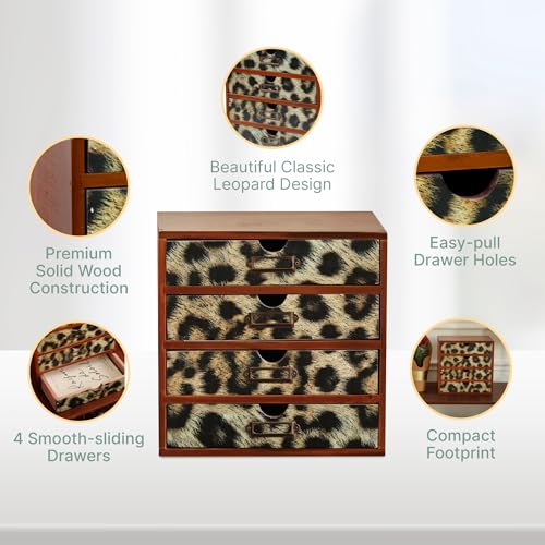 Classic Leopard Print Wooden Desk Organizer - 4-Drawer Desktop Storage - Rustic Wood Cabinet for Office Supplies, Craft Tools, & Home Organization - Luxurious Drawer Unit - color: Animal Leopard