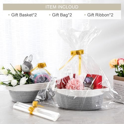 2 Pack Small Woven Basket with Gift Bags and Ribbons, Empty Decorative Gift Chest Box, Cute Baby Gift Basket for Nursery, Cotton Rope Room Shelf Storage Basket with Handles, All 12"x 8"x 5", Gray - color: gray
