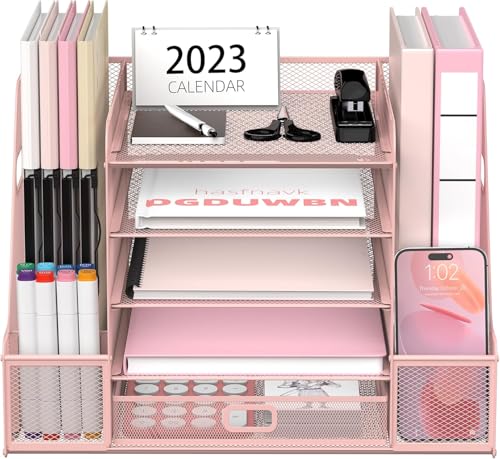 SUPEASY Mesh Desk Organizer with File Holder, 5-Tier Paper Letter Tray Organizer with Magazine Holder, Desktop Organizer and Storage with Drawer for Office Supplies Home or School (2Pack-Pink) - color: 2Pack-Pink