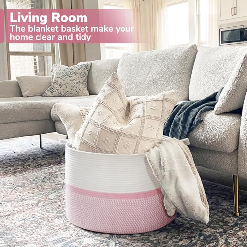 CHICVITA Extra Large Cotton Rope Woven Basket, XXL Throw Blanket Storage Basket with Handles, Pink Decorative Clothes Hamper Laundry Hamper - 22" x 22" x 14" - color: Pink