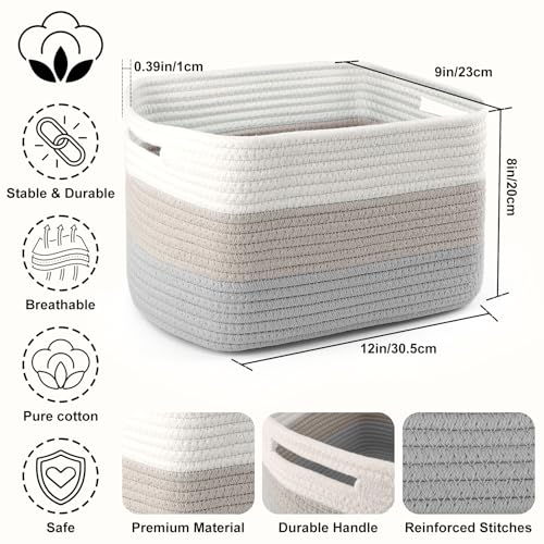 4 Pack Storage Baskets for Organizing, 12''Lx9''Wx8''H Woven Baskets for Storage Toys, Towels, Books, and Clothes, Cotton Rope Basket for Shelves with Handle (White & Grey) - color: White & Grey