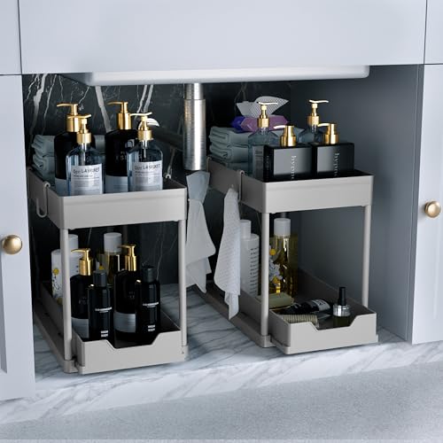 DEKAVA Under Sink Organizer 2 Pack，Bathroom Cabinet Organizer，2 Tier Sliding Cabinet Basket Organizer Drawer, Multi-Purpose Bath Collection Baskets for Bathroom (Grey) - color: Grey