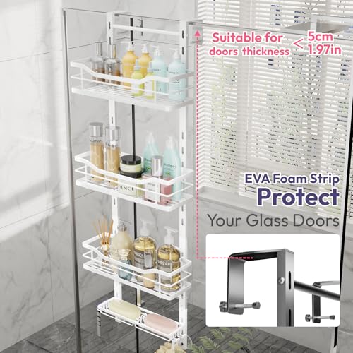 SWTYMIKI Over the Door Shower Caddy - 4 Tier Adjustable Shower Organizer Hanging with Soap Holder, No Drilling Stainless Steel Bathroom Rack Hanging for Body Wash, Shampoo, Soap, Razor, White - color: White-4 Tier