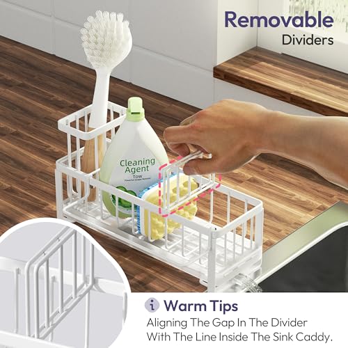 SWTYMIKI Sponge Holder for Kitchen Sink - Sink Caddy with Brush Holder Self-draining Sponge Caddy Organizer with Divider Stainless Steel Kitchen Accessories Storage for Countertop, White - color: White