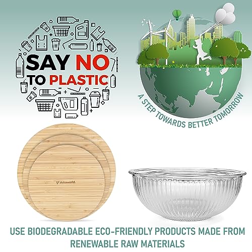 Stackable Space-Saving Nesting Set of 3 Glass Bowls with Bamboo Lids for Foodprep, Storage, Mixing & Cooking - Microwave & Oven Safe BPA Free Durable Heat Resistant Inert Borosilicate Glass - color: 3 Mixing Bowls with Bamboo LIds (Ribbed)