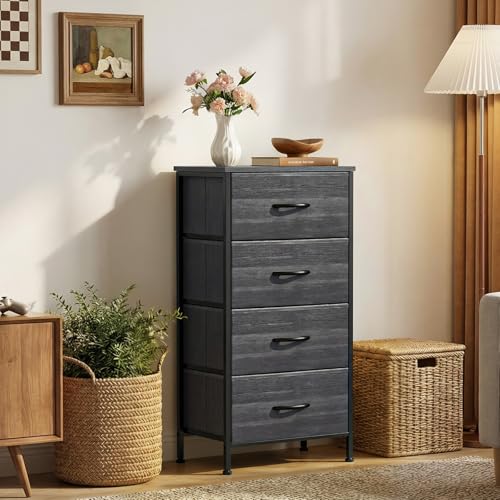 Sweetcrispy Nightstand Small Bedroom Dresser with 4 Fabric Drawers,Bed Side Furniture End Table,Wooden Top Cabinet Night Stand Dresser for Closet,Entryway,Dorm,Black Wood Grain - color: Black Wood Grain, size: 17.7"D x 11.8"W x 37"H (4 Drawers)