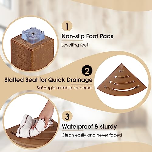 Apolimi HDPE Corner Shower Stool,Shower Bench Seat with Storage Shelf for Shaving Legs Plastic Spa Bath Step Foot Rest for Bathroom Small Place (Teak) - color: Teak