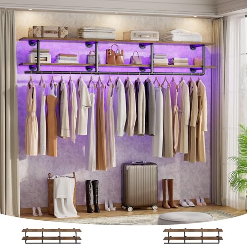 Aheaplus Industrial Pipe Clothes Rack with Top Shelf, 59In Space-Saving Wall Mounted Clothing Rack, 2 Tiers Heavy Duty Pipe Clothing Shelves with Hanging Rod for Laundry Room, Closet, Rustic Brown - color: Rustic Brown, size: 59IN
