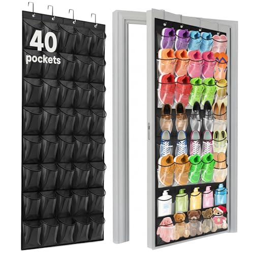 Over the Door Shoe Organizer with 40 Clear PVC Pockets – Waterproof Hanging Shoe Holder for Closet & Bathroom – Space-Saving Door Shoe Rack for Shoes, Toys, Toiletries & Snacks(Black) - color: Black