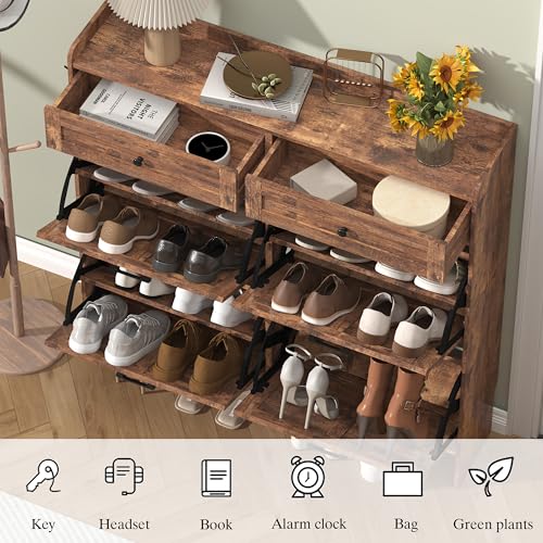 Thacuok Shoe Cabinet with 4 Flip Drawers & 2 Storage Drawers, Rustic Farmhouse Narrow Shoe Organizer Cabinet, Slim Shoe Rack Cabinet, Shoe Storage Cabinet for Entryway, Hallway, Front Door - color: Brown, size: 4 Drawers