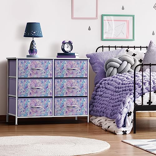 Sorbus Kids Dresser with 6 Drawers - Storage Chest Organizer Unit with Steel Frame, Wood Top & Handles, Tie-dye Fabric Bins for Clothes - Wide Furniture for Bedroom Hallway Kids Room Nursery & Closet - color: Purple Tie Dye, style: 6-Drawer
