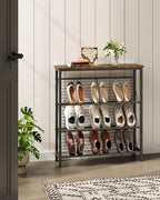 CHOEZON Shoe Rack, 4-Tier Narrow Shoe Storage Shelf, Slim Shoe Rack with Wooden Top and Metal Shelves, Slanted Shoe Organizer, Industrial Style, for Entryway, Hallway, Rustic Brown and Black TXJ76BF