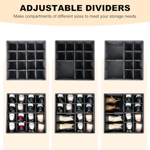 Fabric Shoe Organizer for Closet, Foldable Shoe Storage Bins with Clear Cover, Shoe Container with Adjustable Dividers, Fits up to 16 Pairs, Gray