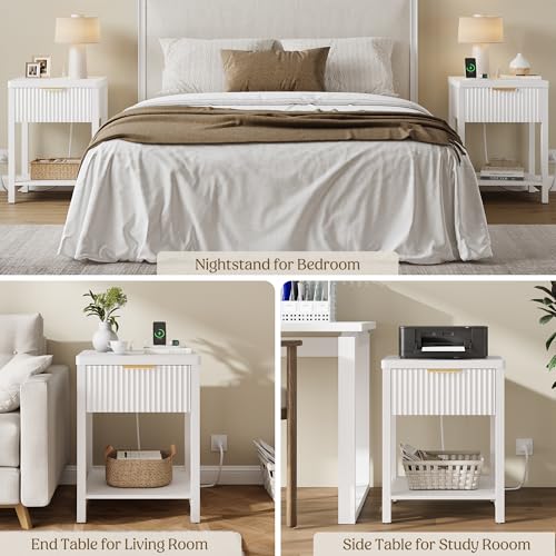 Lulive Modern White Night Stand, Fluted Nightstand with Charging Station, Wood Modern Bedside End Table with Storage Drawer for Bedroom, Save Space (Set of 1, White) - color: White, size: 1 Drawer-Set of 1 Nightstand