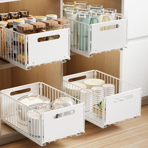 Mustorn 2 Pack Pull Out Cabinet Organizer, Slide Out Drawers for Cabinets, Peel and Stick, Heavy Duty Shelves for Kitchen, Cupboard, Pantry, Bathroom (14.76" D*9.65" W*7.87" H-White) - color: White, size: 14.76"D*9.65"W*7.48"H