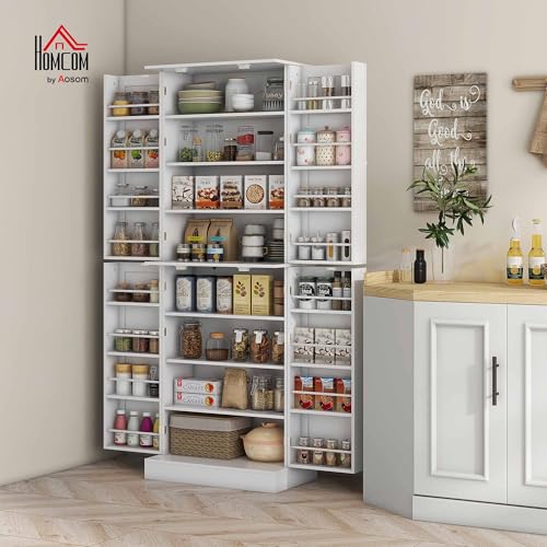 HOMCOM 65" Kitchen Pantry Storage Cabinet, Freestanding Kitchen Cabinet with 16 Door Shelves, Double Doors, 8-Tier Shelving and Adjustable Shelves, White - color: White, size: 65"H