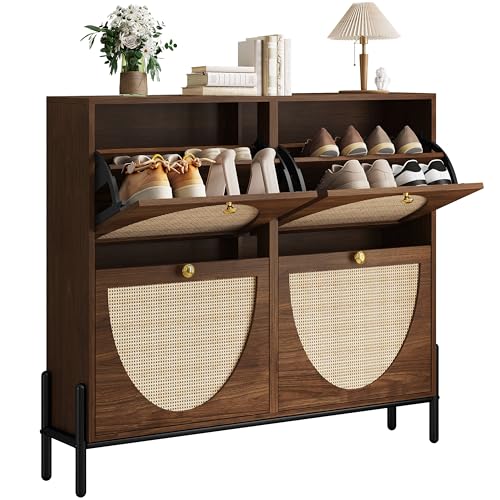 IRONCK Rattan Shoe Cabinet Storage with 4 Flip Drawers, Freestanding Shoe Storage Organizer Cabinet for Entryway, Narrow Shoe Rack Cabinet, Walnut - color: Walnut