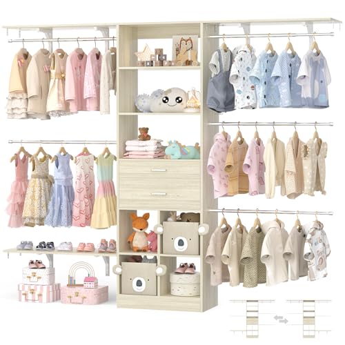 Besiost Closet System - 5-8FT Closet Organizer System with Wooden Drawers & Cube Storage Organizer, Up To 96" Closet Systems for Nursery & Walk-In Closets with Cuttable Hanging Shelving, Greige Oak - color: Greige Oak, size: 8 FT
