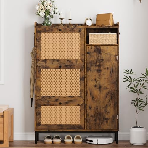GarveeHome Shoe Cabinet Rattan with 3 Flip Drawers and 4-Tier Shoe Storage Cabinet, Freestanding Shoe Organizer with Adjustable Shelves for Entryway, Closet, Hallway (Brown) - color: Brown, size: 3-Drawers + 1-Door