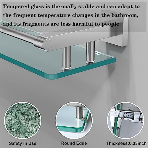 20 Inches Glass Shelf for Bathroom, Brushed Nickel Glass Shelves for Wall with Smooth Stainless Steel Railing, Modern Tempered Glass Organizer Shelf - color: Brushed Nickel, size: 20'' with Railing