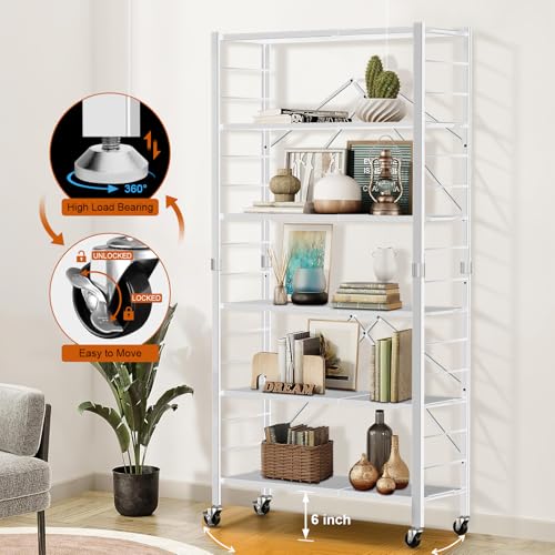 Himix 6 Tier Foldable Storage Shelves, Expandable Folding Bookshelf with Wheels, Changeable into 2 Shelf Units, Collapsible Adjustable Storage Rack Metal Shelves for Garage Kitchen, Basement, White - color: White, size: 6-Tier
