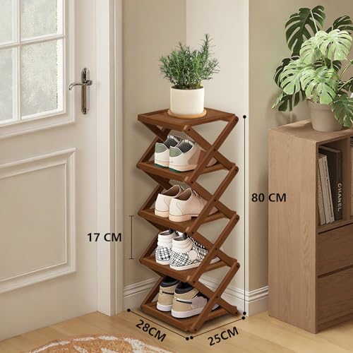 YYW Shoe Rack, Foldable Bamboo Shoes Shelf, Freestanding Shoe Storage Organiser for Entryway, Bedroom, Closet, Hallway - Functional, Natural Shoe Rack (Brown, 5 Layers) - color: Brown, size: 5 layers