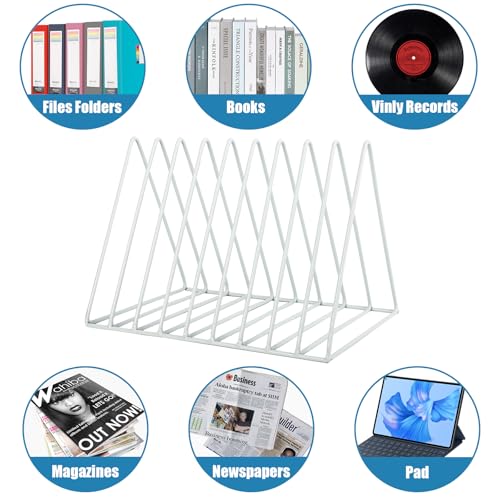 EASEPRES Vinyl Record Holder Storage, 9 Slot Metal Magazine Book Album Display Rack, Stylish Triangle Desktop File Sorter Organizer for Home Office, White - color: White